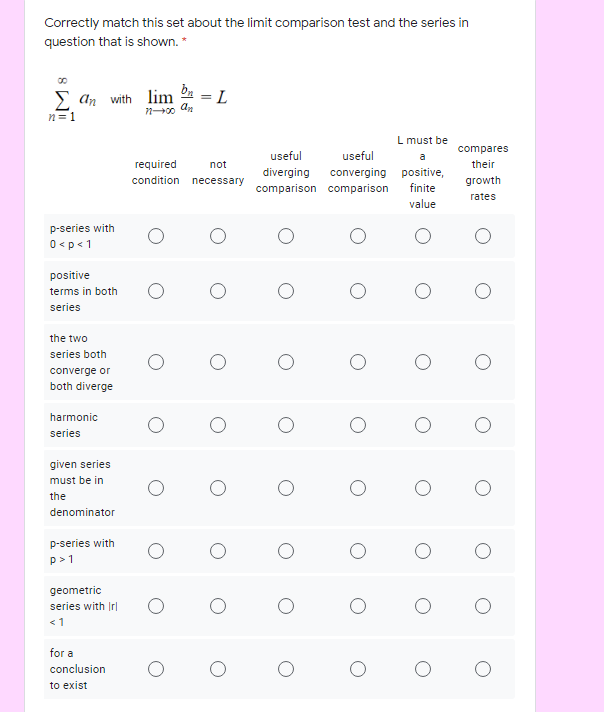 Correctly match this set about the limit comparison test and the series in
question that is shown. *
E an with lim º = L
n= 1
L must be
compares
useful
useful
a
required
condition necessary
not
their
diverging
converging positive,
growth
comparison comparison
finite
rates
value
p-series with
0<p< 1
positive
terms in both
series
the two
series both
converge or
both diverge
harmonic
series
given series
must be in
the
denominator
p-series with
p>1
geometric
series with Irl
<1
for a
conclusion
to exist
