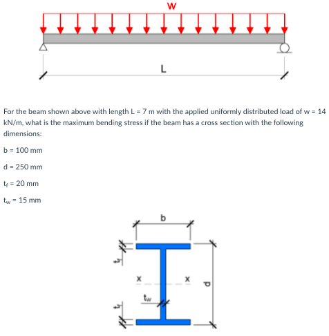 L
For the beam shown above with length L = 7 m with the applied uniformly distributed load of w = 14
KN/m, what is the maximum bending stress if the beam has a cross section with the following
dimensions:
b = 100 mm
d = 250 mm
t = 20 mm
tw = 15 mm
tw
