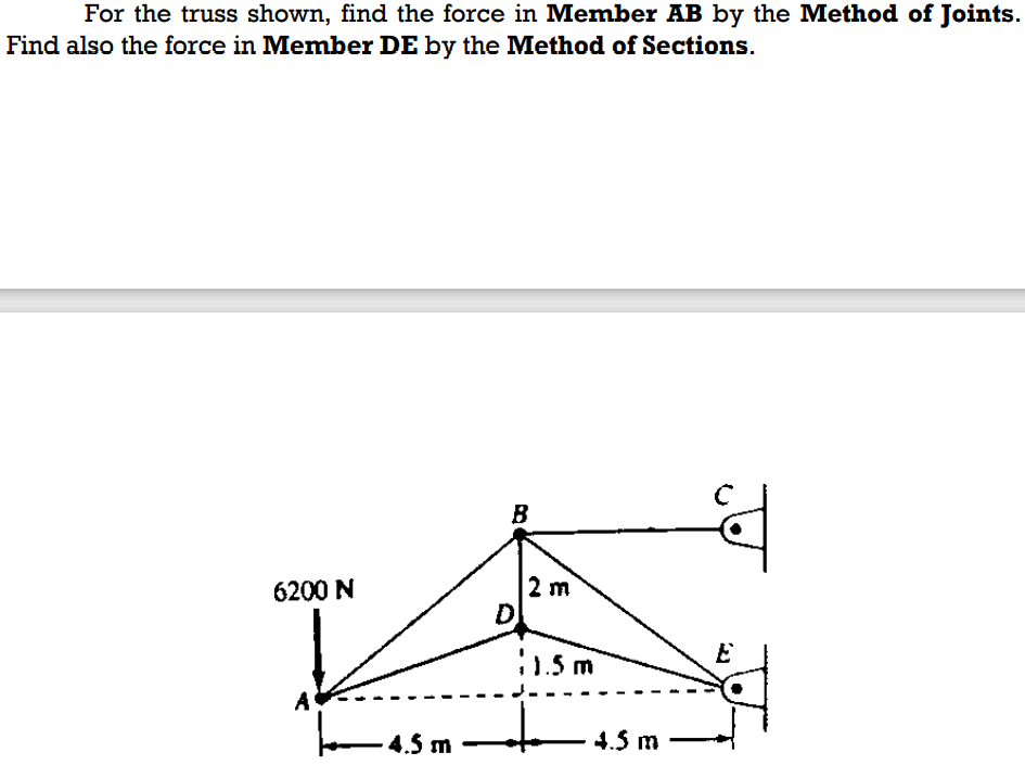 For the truss shown, find the force in Member AB by the Method of Joints.
Find also the force in Member DE by the Method of Sections.
B
2 m
D
6200 N
:1.5 m
E
4.5
m
4.5 m
