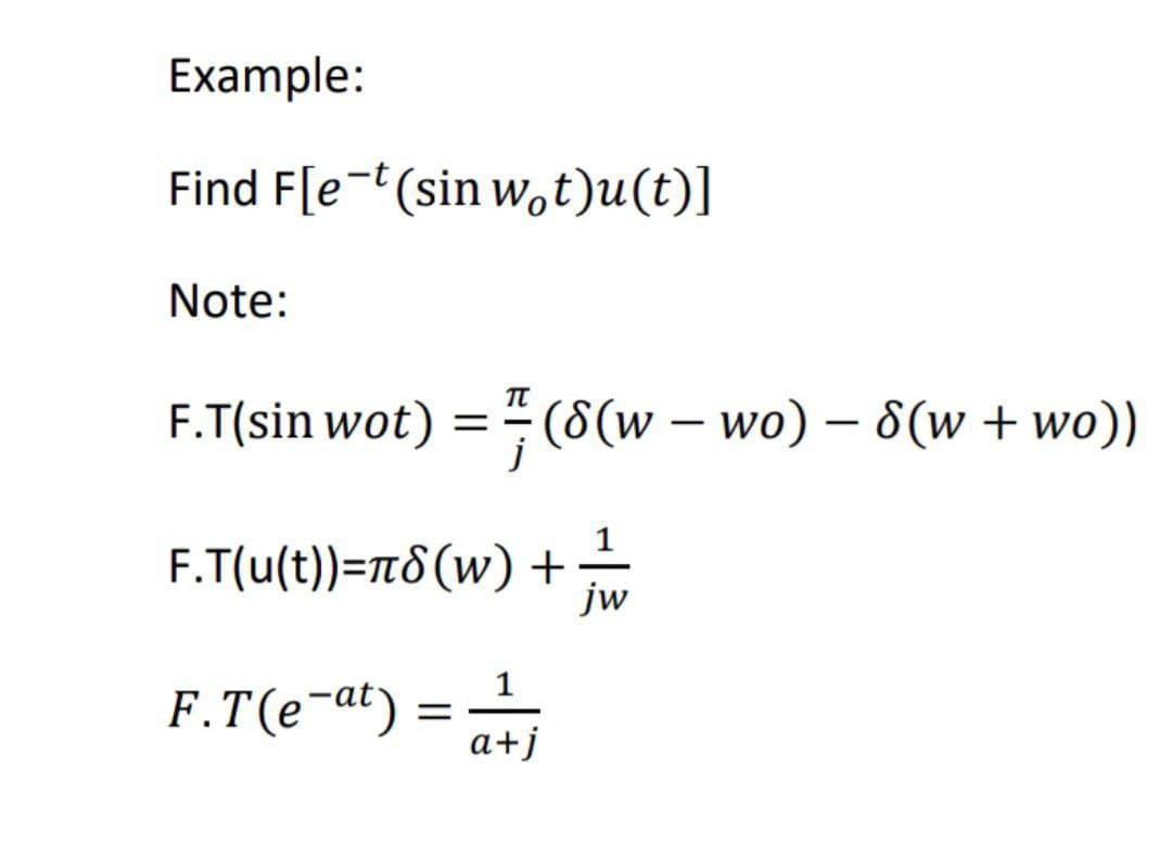 Example:
Find F[e-t (sin wot)u(t)]
Note:
TT
F.T(sin wot) = ((w – wo) − 8(w + wo))
F.T(u(t))=π(w) +
F.T (e-at) = aj
jw