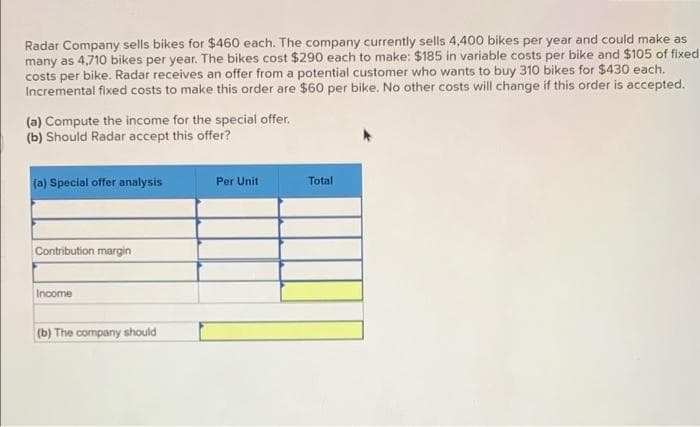 Radar Company sells bikes for $460 each. The company currently sells 4,400 bikes per year and could make as
many as 4,710 bikes per year. The bikes cost $290 each to make: $185 in variable costs per bike and $105 of fixed
costs per bike. Radar receives an offer from a potential customer who wants to buy 310 bikes for $430 each.
Incremental fixed costs to make this order are $60 per bike. No other costs will change if this order is accepted.
(a) Compute the income for the special offer.
(b) Should Radar accept this offer?
(a) Special offer analysis
Contribution margin
Income
(b) The company should
Per Unit
Total