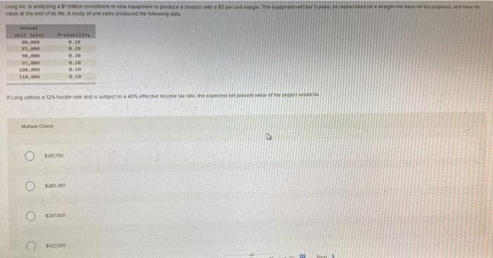 Long incenalyzing a $1mmon vestment in new equement to produce a orodact with a 30 per un magn. The autoren wirst
value at the end of its the A study of unit sales produced the futiowing data
Annual
unit Sales
00,000
65,000
90,000
95,000
100,000
110,000
Probability
0.10
0.20
0.30
9.20
0.10
0.10
If Long unizes a 12% hurdle rate and is subject to a 40% effective come tax rate, the expected set present vake of the project wo
Multiple Choice
$281.380
O $27.00
$427560
ned in 4 oreigntine basis for a speses, and have