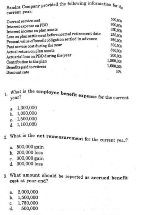 Sandra Company provided the following information for the
1. What is the employee benefit expense for the current
current year:
500,000
Current service cost
Interest expense on PBO
Interest income on plan assets
Loss on plan settlement before normal retirement date
Present value of benefit obligation settled in advance
Past service cost during the year
Actual return on plan assets
Actuarial loss on PBO during the year
Contribution to the plan
Benefita paid to retirees
Discount rate
600,000
390,000
250,000
950,000
300,000
850,000
200,000
1,500,000
1,000,000
10%
year?
a 1,300,000
b. 1,050,000
1,500,000
d. 1,100,000
C.
2 What is the net remeasurement for the current yes.?
a. 500,000 gain
b. 200,000 loss
c. 300,000 gain
d. 300,000 loss
3 What amount should be reported as accrued benefit
cost at year-end?
a 2,000,000
b. 1,500,000
c. 1,750,000
d.
500,000
