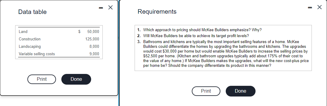 Data table
Land
Construction
Landscaping
Variable selling costs
Print
$
Done
50,000
125,000
8,000
9,000
X
Requirements
1. Which approach to pricing should McKee Builders emphasize? Why?
2. Will McKee Builders be able to achieve its target profit levels?
3. Bathrooms and kitchens are typically the most important selling features of a home. McKee
Builders could differentiate the homes by upgrading the bathrooms and kitchens. The upgrades
would cost $30,000 per home but would enable McKee Builders to increase the selling prices by
$52,500 per home. (Kitchen and bathroom upgrades typically add about 175% of their cost to
the value of any home.) If McKee Builders makes the upgrades, what will the new cost-plus price
per home be? Should the company differentiate its product in this manner?
Print
- X
Done