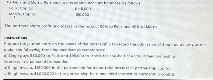 The Felix and Morris Partnership has capital account balances as follows:
Felix, Capital
$145,000
Morris, Capital
160,000
The partners share profit and losses in the ratio of 60% to Felix and 40% to Morris.
Instructions
Prepare the journal entry on the books of the partnership to record the admission of Singh as a new partner
under the following three independent circumstances:
a) Singh pays $80,000 to Felix and $95,000 to Morris for one-half of each of their ownership
interests in a personal transaction.
b) Singh invests $150,000 in the partnership for a one-third interest in partnership capital.
c) Singh invests $1,000,000 in the partnership for a one-third interest in partnership capital.
