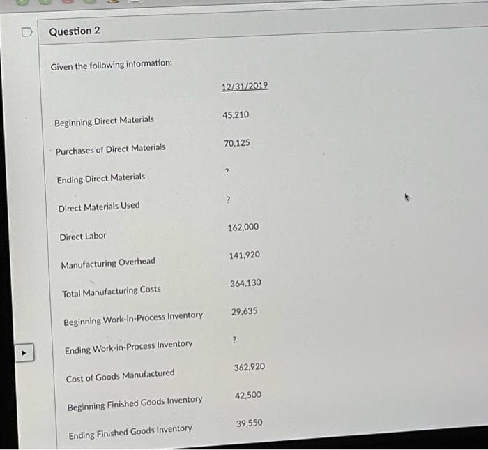 Question 2
Given the following information:
Beginning Direct Materials
Purchases of Direct Materials
Ending Direct Materials
Direct Materials Used
Direct Labor
Manufacturing Overhead
Total Manufacturing Costs
Beginning Work-in-Process Inventory
Ending Work-in-Process Inventory
Cost of Goods Manufactured
Beginning Finished Goods Inventory
Ending Finished Goods Inventory
12/31/2019
45,210
70,125
?
162,000
141,920
364,130
29,635
362,920
42,500
39,550
