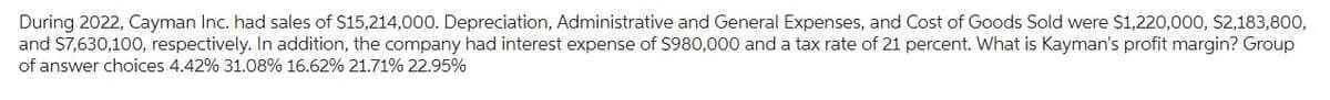 During 2022, Cayman Inc. had sales of $15,214,000. Depreciation, Administrative and General Expenses, and Cost of Goods Sold were $1,220,000, $2,183,800,
and $7,630,100, respectively. In addition, the company had interest expense of $980,000 and a tax rate of 21 percent. What is Kayman's profit margin? Group
of answer choices 4.42% 31.08% 16.62% 21.71% 22.95%