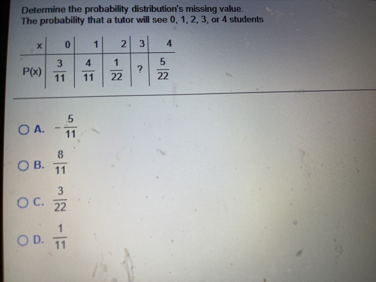 Determine the probability distribution's missing value.
The probability that a tutor will see 0, 1, 2, 3, or 4 students
0.
1
4
1
3
P(x)
11
11
22
22
O A.
11
8
O B.
11
О С. 22
1
O D.
11
