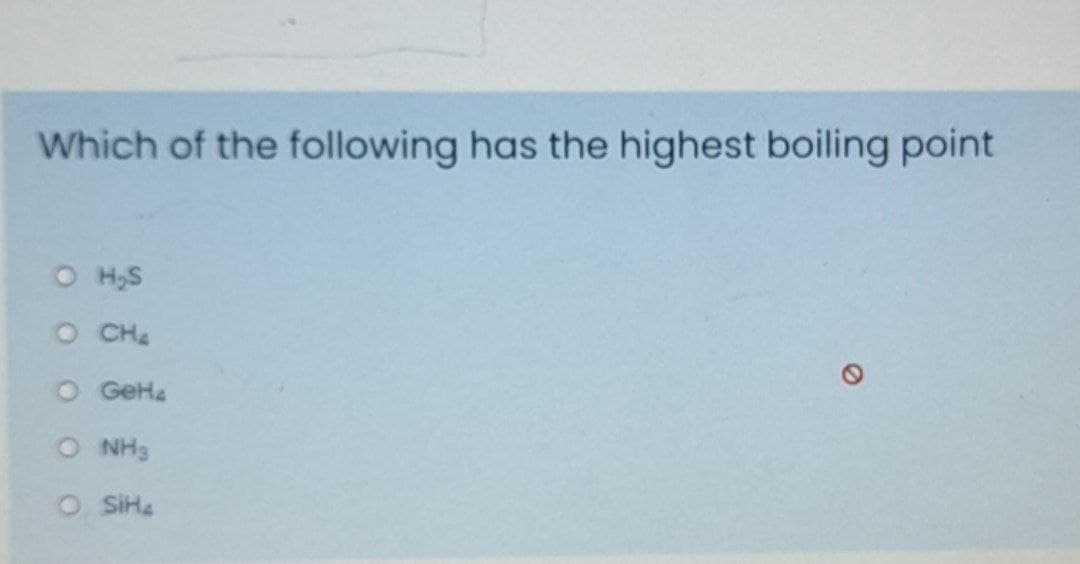 Which of the following has the highest boiling point
O H,S
O CH
O GeH4
O NH3
O SIHA
