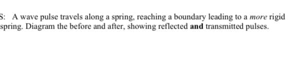 S: A wave pulse travels along a spring, reaching a boundary leading to a more rigid
spring. Diagram the before and after, showing reflected and transmitted pulses.
