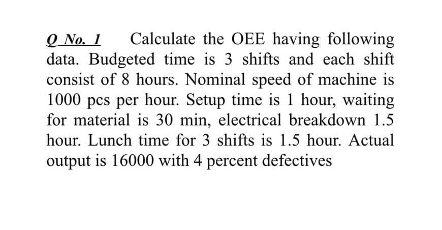 Calculate the OEE having following
Q No. 1
data. Budgeted time is 3 shifts and each shift
consist of 8 hours. Nominal speed of machine is
1000 pcs per hour. Setup time is 1 hour, waiting
for material is 30 min, electrical breakdown 1.5
hour. Lunch time for 3 shifts is 1.5 hour. Actual
output is 16000 with 4 percent defectives
