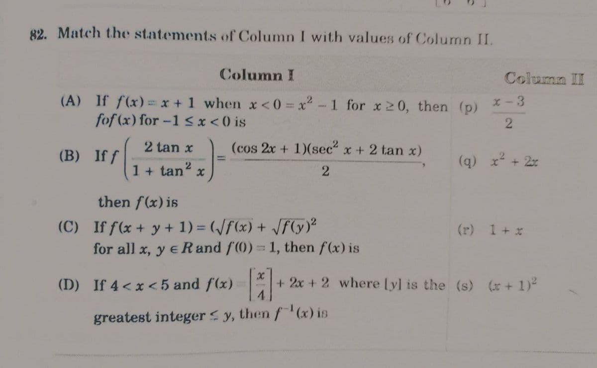 82. Match the statements of Column I with values of Column II.
Column I
Column II
(A) If f(x)=x + 1 when x < 0 = x-1 for x20, then (p)
fof (x) for -1 s x < 0 is
x-3
2.
(B) If f
2 tan x
(cos 2x + 1)(sec" x + 2 tan x)
(q) x + 2x
%3D
1 + tan x
2
then f(x) is
(C) If f(x + y + 1) = (/f(x) + Jf (y)²
for all x, y e R and f(0) 1, then f(x) is
(r) 1 +x
(D) If 4 < x < 5 and f(x)
+ 2x + 2 where [y] is the (s) (r+ 1)
greatest integer <y, then f(x) is
