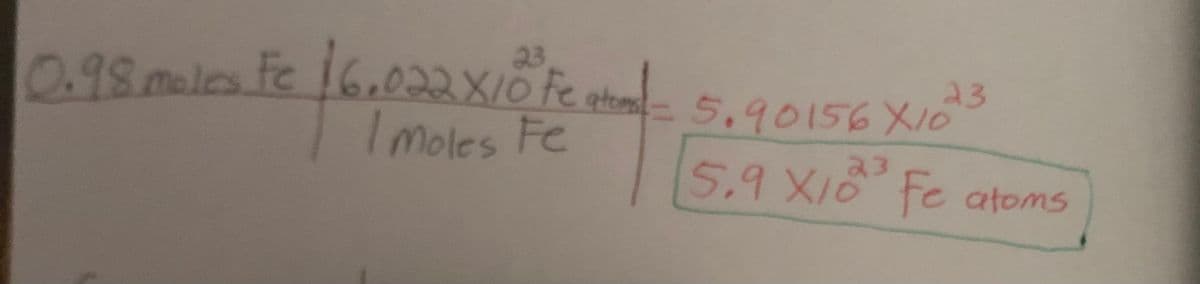 0.98. moles.Fe 16.022×10 Fe atom 5.90156 X10
23
I moles Fe
23
5.9 X18³ Fe atoms