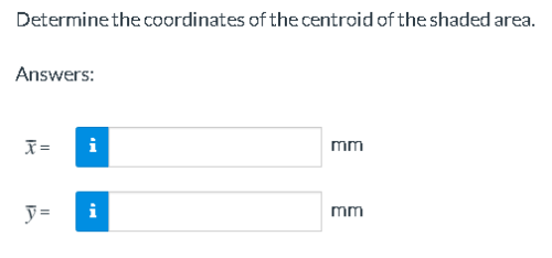 Determine the coordinates of the centroid of the shaded area.
Answers:
mm
y =
i
mm
