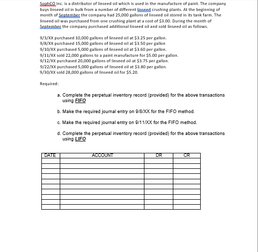 Saabco Inc. is a distributor of linseed oil which is used in the manufacture of paint. The company
buys linseed oil in bulk from a number of different linseed crushing plants. At the beginning of
month of September the company had 25,000 gallons of linseed oil stored in its tank farm. The
linseed oil was purchased from one crushing plant at a cost of $3.00. During the month of
September the company purchased additional linseed oil and sold linseed oil as follows.
9/3/XX purchased 10,000 gallons of linseed oil at $3.25 per gallon.
9/8/XX purchased 15,000 gallons of linseed oil at $3.50 per gallon
9/10/XX purchased 5,000 gallons of linseed oil at $3.60 per gallon.
9/11/XX sold 22,000 gallons to a paint manufacture for $5.00 per gallon.
9/12/XX purchased 20,000 gallons of linseed oil at $3.75 per gallon.
9/22/XX purchased 5,000 gallons of linseed oil at $3.80 per gallon.
9/30/XX sold 28,000 gallons of linseed oil for $5.20.
Required:
DATE
a. Complete the perpetual inventory record (provided) for the above transactions
using FIFO
b. Make the required journal entry on 9/8/XX for the FIFO method.
c. Make the required journal entry on 9/11/XX for the FIFO method.
d. Complete the perpetual inventory record (provided) for the above transactions
using LIFO
ACCOUNT
DR
CR