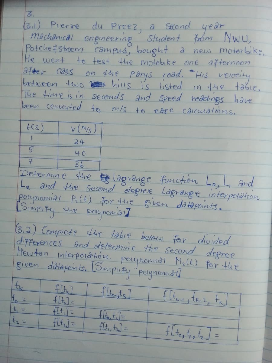 3.
(3.1) Pierre
machanical engineering Student Foém Nwu,
Potchefstroom câmpus, bought à
He went
du Preez, a Second year
new moterike.
to test the motebike one afternoon
on the Porys road. His veiccity
after Ciass
between two hills
The time is in seconds and Speed redclings have
been converted te m/s to eare caiculations.
is listed
in the
tcs)
v(m/s)
24
나0
7.
36
Determin e the lagrange function Lo, L, and
Le ând the second elegree Lagrang e interpolation
polymomiat P.(t) for the given da ta points.
LSimpity
Hhie peynomia 7
the
(3.2) Commpiete the fabie below for divided
differences and determine the second deenree
Hew ten Interporåhou poynomiài Malt) for the
given datapoints. LSmphfy polynomdi]
te
fLt]=
flt.]=
F6 t7=
fL4, t] =
fLto, f, te]
%3D
%3D
