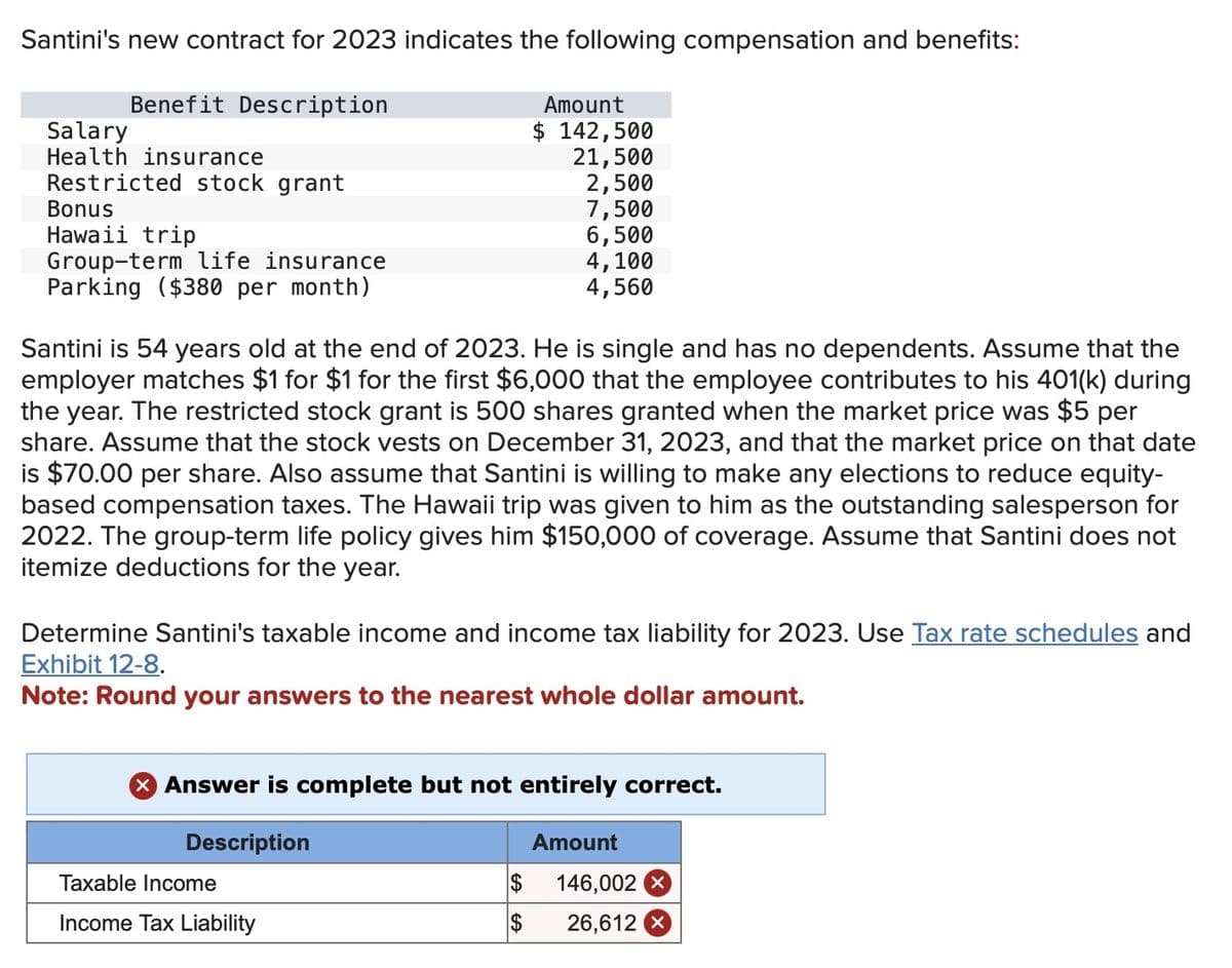 Santini's new contract for 2023 indicates the following compensation and benefits:
Salary
Benefit Description
Health insurance
Restricted stock grant
Bonus
Hawaii trip
Group-term life insurance
Parking ($380 per month)
Amount
$ 142,500
21,500
2,500
7,500
6,500
4,100
4,560
Santini is 54 years old at the end of 2023. He is single and has no dependents. Assume that the
employer matches $1 for $1 for the first $6,000 that the employee contributes to his 401(k) during
the year. The restricted stock grant is 500 shares granted when the market price was $5 per
share. Assume that the stock vests on December 31, 2023, and that the market price on that date
is $70.00 per share. Also assume that Santini is willing to make any elections to reduce equity-
based compensation taxes. The Hawaii trip was given to him as the outstanding salesperson for
2022. The group-term life policy gives him $150,000 of coverage. Assume that Santini does not
itemize deductions for the year.
Determine Santini's taxable income and income tax liability for 2023. Use Tax rate schedules and
Exhibit 12-8.
Note: Round your answers to the nearest whole dollar amount.
> Answer is complete but not entirely correct.
Description
Taxable Income
Income Tax Liability
Amount
$
146,002
$
26,612