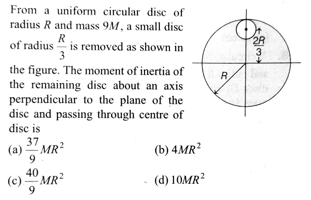 From a uniform circular disc of
radius R and mass 9M, a small disc
R.
of radius is removed as shown in
3
the figure. The moment of inertia of
the remaining disc about an axis
perpendicular to the plane of the
disc and passing through centre of
disc is
37
(a) MR²
9
40
9
(c)
2
-MR²
2
(b) 4MR²
2
(d) 10MR²
R
2R
3
↓