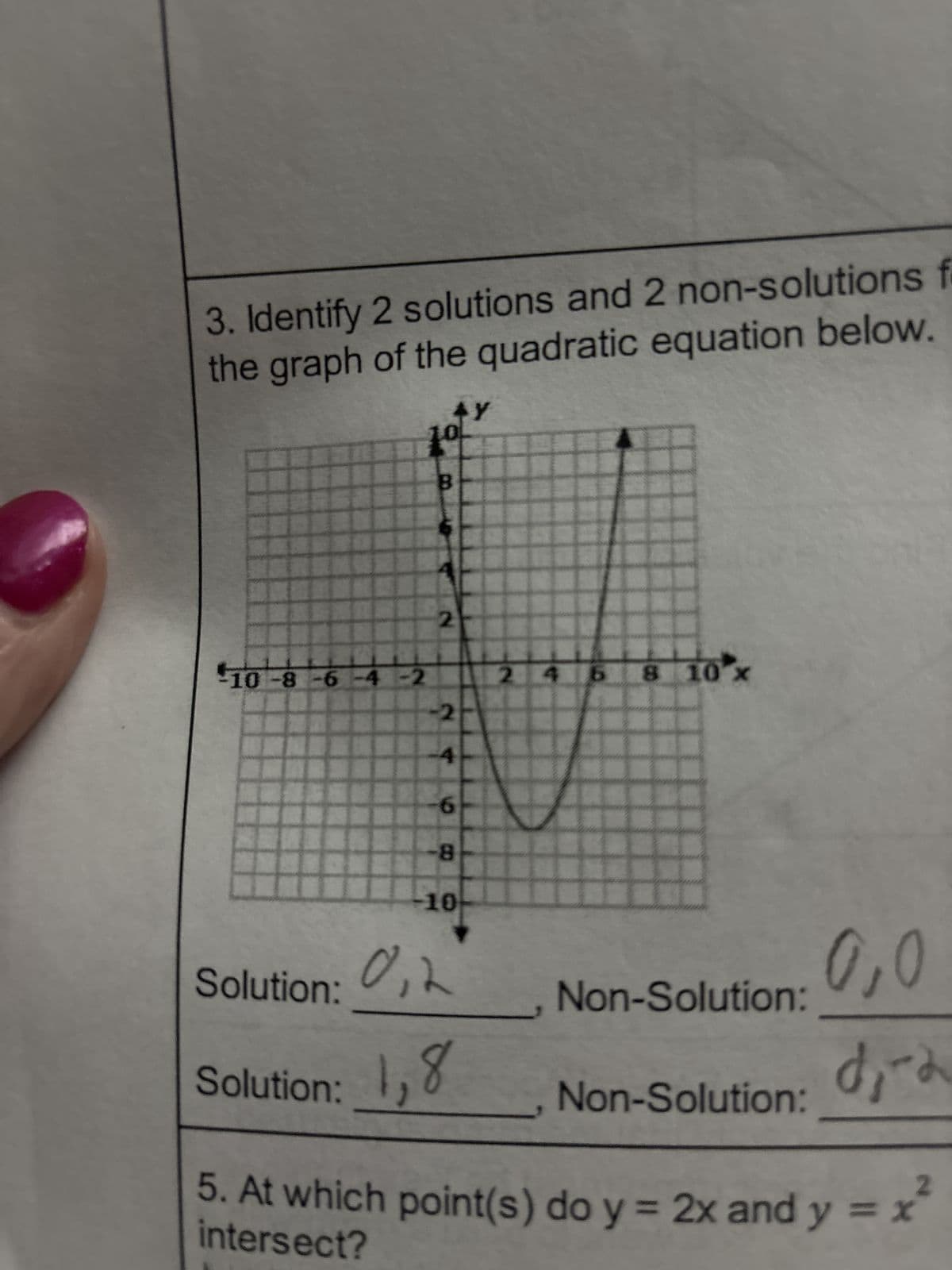 3. Identify 2 solutions and 2 non-solutions f
the graph of the quadratic equation below.
⭑Y
10
B
2
-10-8-6-4-2
2 4 6 8 10 x
-2
-6
-8
-10
Solution:
0,2
0,0
Non-Solution:
Solution:
1,8
d₁-2
Non-Solution:
5. At which point(s) do y = 2x and y = x
intersect?
2