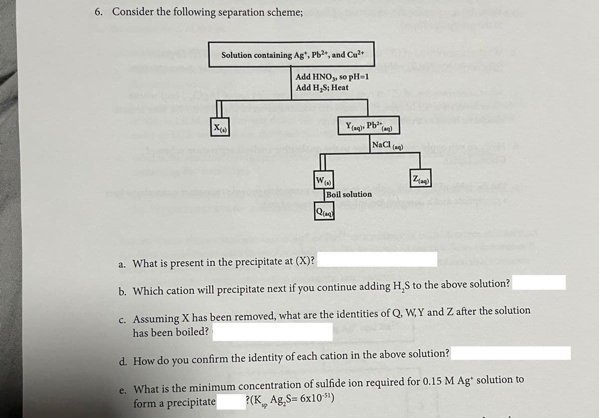 6. Consider the following separation scheme;
Solution containing Ag*, Pb2+, and Cu2+
Add HNO3, so pH=1
Add H,S; Heat
X(6)
Y(aq), Pb+
(aq)
NaCl
(aq)
W(6)
Z(ag)
Boil solution
Q(aq)
a. What is present in the precipitate at (X)?
b. Which cation will precipitate next if you continue adding H,S to the above solution?
c. Assuming X has been removed, what are the identities of Q, W, Y and Z after the solution
has been boiled?
d. How do you confirm the identity of each cation in the above solution?
e. What is the minimum concentration of sulfide ion required for 0.15 M Ag* solution to
form a precipitate
?(K, Ag,S= 6x10-51)
sp
