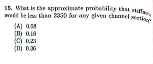 **Question 15: Probability Analysis**

**Concept:** This question addresses the calculation of probability in the context of structural engineering, specifically relating to the stiffness of a channel section.

**Problem Statement:**  
What is the approximate probability that stiffness would be less than 2350 for any given channel section?

**Choices:**  
- (A) 0.08  
- (B) 0.16  
- (C) 0.23  
- (D) 0.36  

**Objective:**  
To determine the correct probability from the given options, it is essential to understand the distribution of stiffness values in channel sections, typically represented by statistical data or historical measurements.