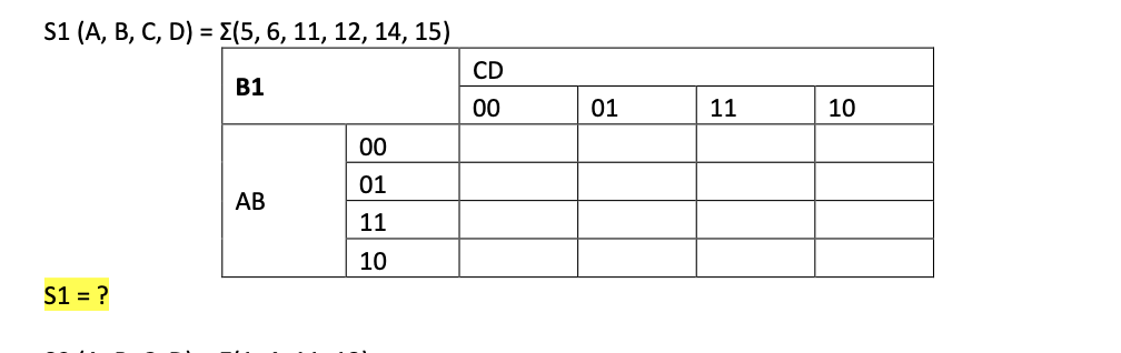 S1 (A, В, С, D) 3DZ(5, 6, 11, 12, 14, 15)
CD
B1
00
01
11
10
00
01
АВ
11
10
S1 = ?
