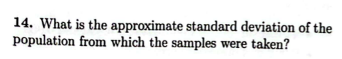 14. What is the approximate standard deviation of the
population from which the samples were taken?