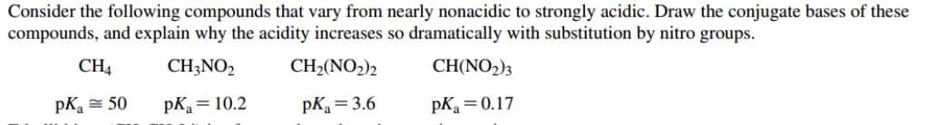 Consider the following compounds that vary from nearly nonacidic to strongly acidic. Draw the conjugate bases of these
compounds, and explain why the acidity increases so dramatically with substitution by nitro groups.
CH4
CH;NO2
CH2(NO2)2
CH(NO2)3
pK, = 50
pKa = 10.2
pK = 3.6
pK =0.17
