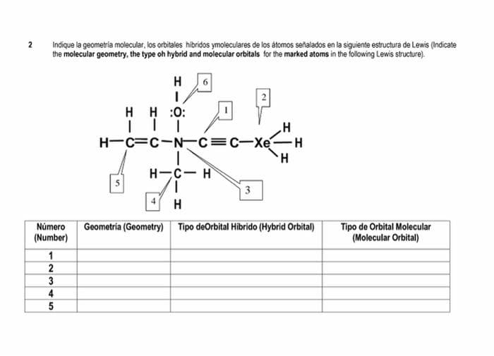 2
Indique la geometria molecular, los orbitales hibridos ymoleculares de los átomos señalados en la siguiente estructura de Lewis (Indicate
the molecular geometry, the type oh hybrid and molecular orbitals for the marked atoms in the following Lewis structure).
1
2
3
4
5
H
I
HH :O:
H
H-C=C-N_C=C-Xé -H
I
H
5
H-C-H
I
H
3
Número Geometria (Geometry) Tipo deOrbital Hibrido (Hybrid Orbital)
(Number)
Tipo de Orbital Molecular
(Molecular Orbital)