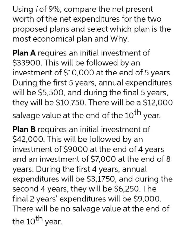 Using i of 9%, compare the net present
worth of the net expenditures for the two
proposed plans and select which plan is the
most economical plan and Why.
Plan A requires an initial investment of
$33900. This will be followed by an
investment of $10,000 at the end of 5 years.
During the first 5 years, annual expenditures
will be $5,500, and during the final 5 years,
they will be $10,750. There will be a $12,000
salvage value at the end of the 10th year.
Plan B requires an initial investment of
$42,000. This will be followed by an
investment of $9000 at the end of 4 years
and an investment of $7,000 at the end of 8
years. During the first 4 years, annual
expenditures will be $3,1750, and during the
second 4 years, they will be $6,250. The
final 2 years' expenditures will be $9,000.
There will be no salvage value at the end of
the 10th year.