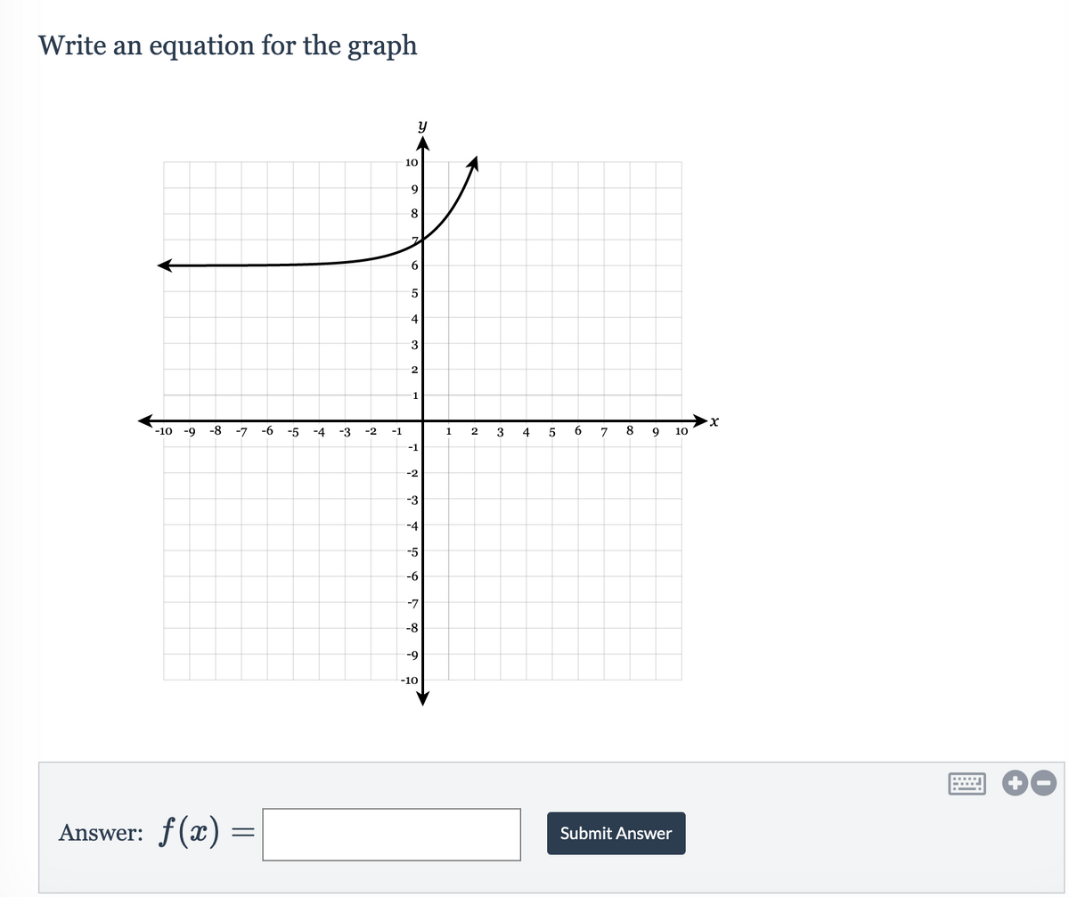 Write an equation for the graph
10
9
8
6
4
3
2
1
-10
-9
-8
-7
-6
-5
-4
-3
-2
-1
2
4
6.
7
8
9
10
-1
-2
-3
-4
-5
-6
-7
-8
-9
-10
Answer: f(x) =
Submit Answer
O LO
