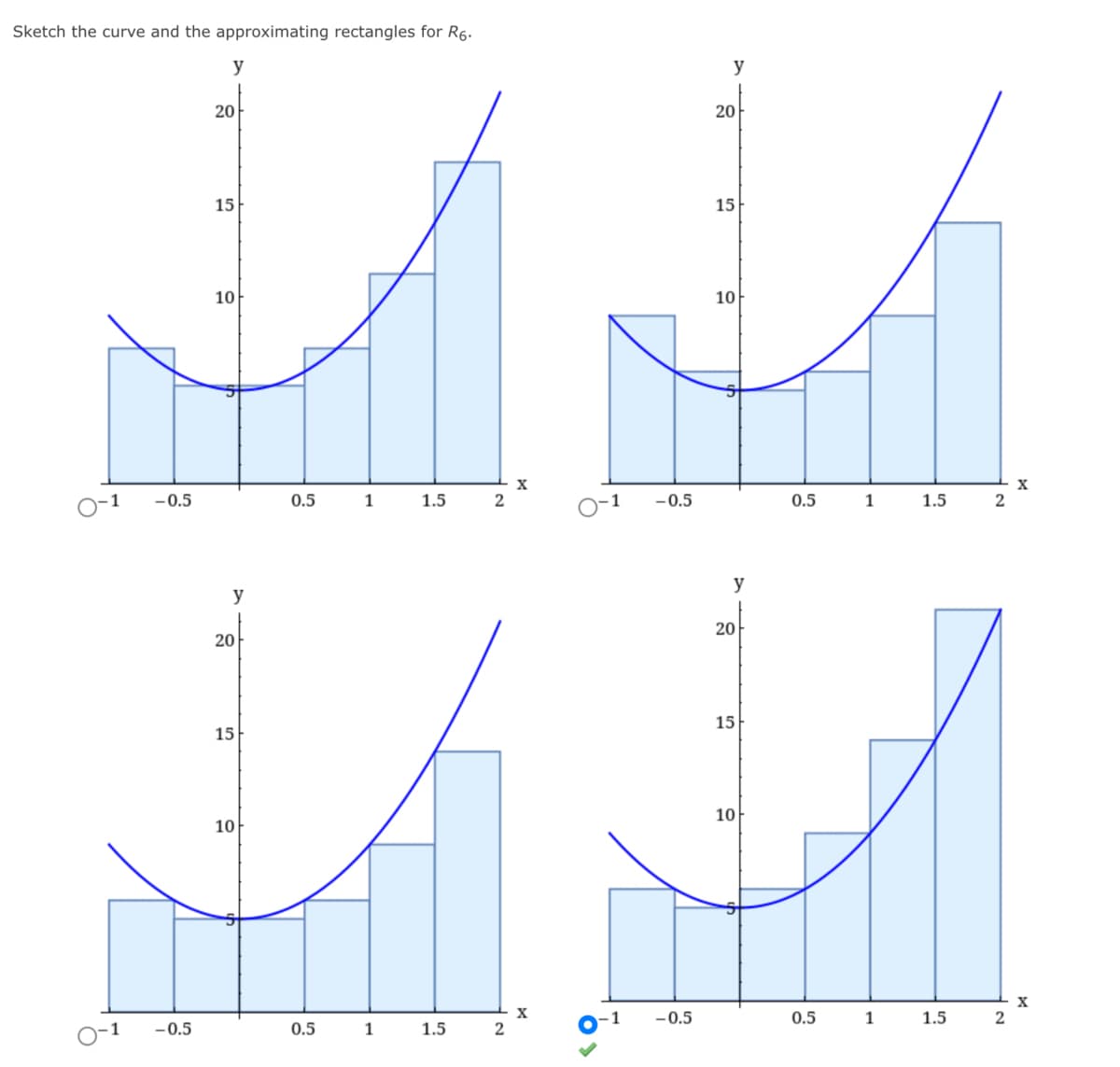 Sketch the curve and the approximating rectangles for R6.
y
y
20
20
15
15
10
10
X
X
-0.5
0.5
1
1.5
2
-1
-0.5
0.5
1
1.5
2
y
y
20
20
15
15
10
10
X
X
-1
-0.5
0.5
1
1.5
0-1
-0.5
0.5
1
1.5
2
