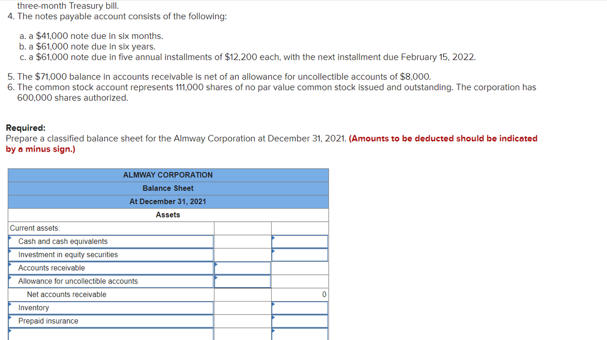 three-month Treasury bill.
4. The notes payable account consists of the following:
a. a $41,000 note due in six months.
b. a $61,000 note due in six years.
c. a $61,000 note due in five annual installments of $12,200 each, with the next installment due February 15, 2022.
5. The $71,000 balance in accounts receivable is net of an allowance for uncollectible accounts of $8,000.
6. The common stock account represents 111,000 shares of no par value common stock issued and outstanding. The corporation has
600,000 shares authorized.
Required:
Prepare a classified balance sheet for the Almway Corporation at December 31, 2021. (Amounts to be deducted should be indicated
by a minus sign.)
ALMWAY CORPORATION
Balance Sheet
At December 31, 2021
Assets
Current assets:
Cash and cash equivalents
Investment in equity securities
Accounts receivable
Allowance for uncollectible accounts
Net accounts receivable
Inventory
Prepaid insurance
