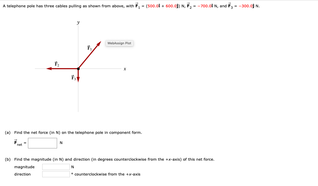 A telephone pole has three cables pulling as shown from above, with
= (500.0î + 600.0j) N, F, = -700.0î N, and
= -300.0j N.
y
WebAssign Plot
F,
(a) Find the net force (in N) on the telephone pole in component form.
N
net
(b) Find the magnitude (in N) and direction (in degrees counterclockwise from the +x-axis) of this net force.
magnitude
N
direction
° counterclockwise from the +x-axis
