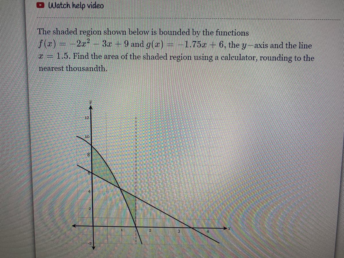 O Watch help video
The shaded region shown below is bounded by the functions
f (x)= -2x 3a + 9 and g() = -1.75x + 6, the y-axis and the line
= 1.5. Find the area of the shaded region using a calculator, rounding to the
nearest thousandth.
12
