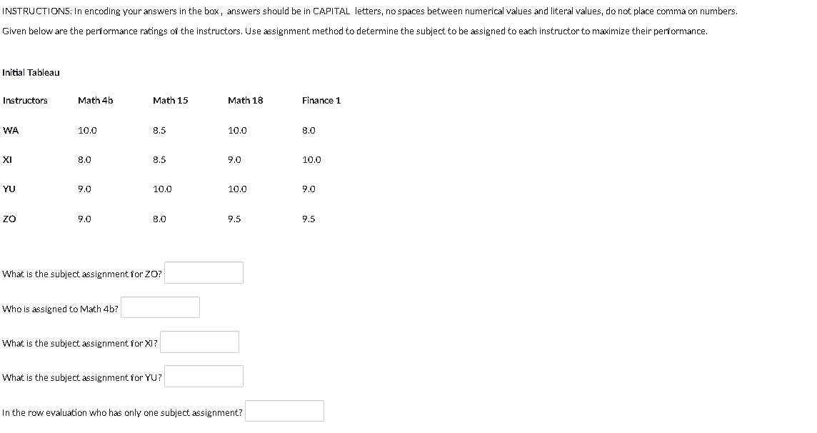 INSTRUCTION5: In encoding your answers in the box, answers should be in CAPITAL letters, no spaces between numerical values and literal values, do not place comma on numbers.
Given below are the performance ratings of the instructors. Use assignment method to determine the subject to be assigned to each instructor to maximize their performance.
Initial Tableau
Instructors
Math 4b
Math 15
Math 18
Finance 1
WA
10.0
8.5
10.0
8.0
XI
8.0
8.5
9.0
10.0
YU
9.0
10.0
10.0
9.0
ZO
9.0
8.0
9.5
9.5
What is the subject assignment for ZO?
Who is assigned to Math 4b?
What is the subject assignment for XI?
What is the subject assignment for YU?
In the row evaluation who has only one subject assignment?
