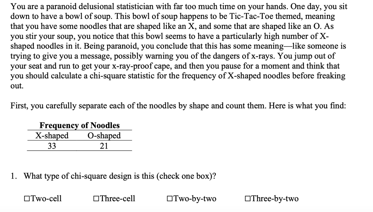 You are a paranoid delusional statistician with far too much time on your hands. One day, you sit
down to have a bowl of soup. This bowl of soup happens to be Tic-Tac-Toe themed, meaning
that
you
stir
have some noodles that are shaped like an X, and some that are shaped like an O. As
your soup, you notice that this bowl seems to have a particularly high number of X-
you
shaped noodles in it. Being paranoid, you conclude that this has some meaning-like someone is
trying to give you a message, possibly warning you of the dangers of x-rays. You jump out of
your seat and run to get your x-ray-proof cape, and then you pause for a moment and think that
you should calculate a chi-square statistic for the frequency of X-shaped noodles before freaking
out.
First, you carefully separate each of the noodles by shape and count them. Here is what
you
find:
Frequency of Noodles
X-shaped
O-shaped
33
21
1. What type of chi-square design is this (check one box)?
OTwo-cell
ОThree-cell
OTwo-by-two
OThree-by-two
