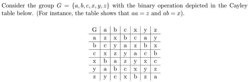 Consider the group G = {a, b, c, x, y, z} with the binary operation depicted in the Cayley
table below. (For instance, the table shows that aa = z and ab = x).
G
a
с
X
y
N
abc
Zx b с
beyazbx
X zy
baz
b
с
a
b|cx y
A
y
JXKEN
y
a с
с
X b
a y
OXAN
N
N 4 x
y
b
с
N
a