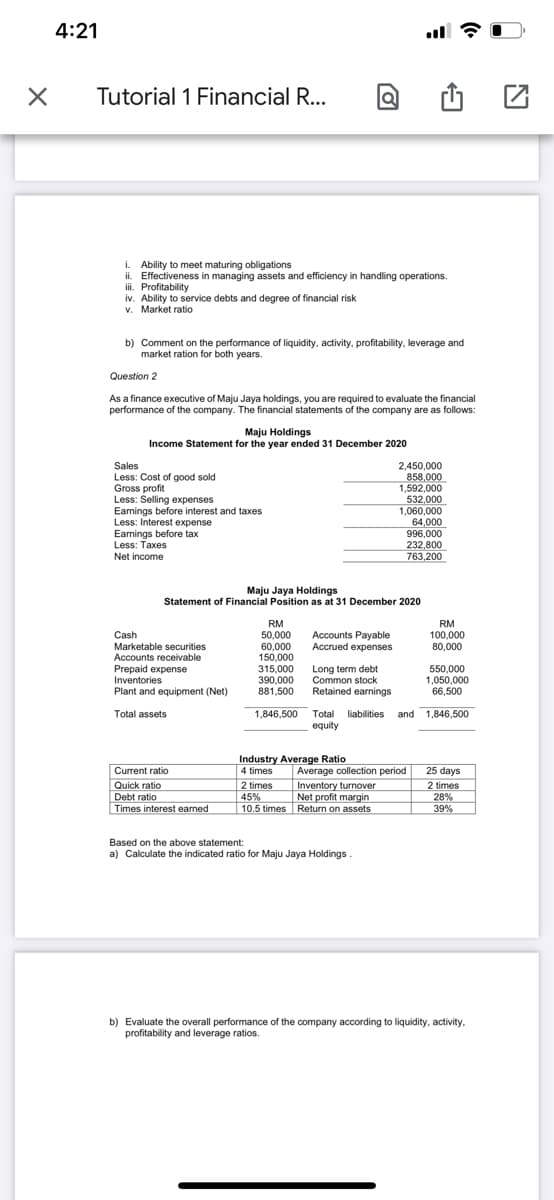 4:21
Tutorial 1 Financial R...
i. Ability to meet maturing obligations
ii. Effectiveness in managing assets and efficiency in handling operations.
iii. Profitability
iv. Ability to service debts and degree of financial risk
v. Market ratio
b) Comment on the performance of liquidity, activity, profitability, leverage and
market ration for both years.
Question 2
As a finance executive of Maju Jaya holdings, you are required to evaluate the financial
performance of the company. The financial statements of the company are as follows:
Maju Holdings
Income Statement for the year ended 31 December 2020
Sales
Less: Cost of good sold
Gross profit
Less: Selling expenses
Earnings before interest and taxes
Less: Interest expense
Earnings before tax
Less: Taxes
Net income
2,450,000
858,000
1,592,000
532,000
1,060,000
64,000
996,000
232,800
763,200
Maju Jaya Holdings
Statement of Financial Position as at 31 December 2020
RM
RM
100,000
80,000
Cash
Marketable securities
Accounts receivable
Prepaid expense
Inventories
Plant and equipment (Net)
50,000
60,000
150,000
Accounts Payable
Accrued expenses
315,000
390,000
881,500
Long term debt
Common stock
Retained earnings
550,000
1,050,000
66,500
Total liabilities and 1,846,500
equity
Total assets
1,846,500
Industry Average Ratio
Current ratio
Quick ratio
Debt ratio
Times interest earned
4 times
Average collection period
2 times
45%
10.5 times Return on assets
Inventory turnover
Net profit margin
25 days
2 times
28%
39%
Based on the above statement:
a) Calculate the indicated ratio for Maju Jaya Holdings
b) Evaluate the overall performance of the company according to liquidity, activity,
profitability and leverage ratios.
