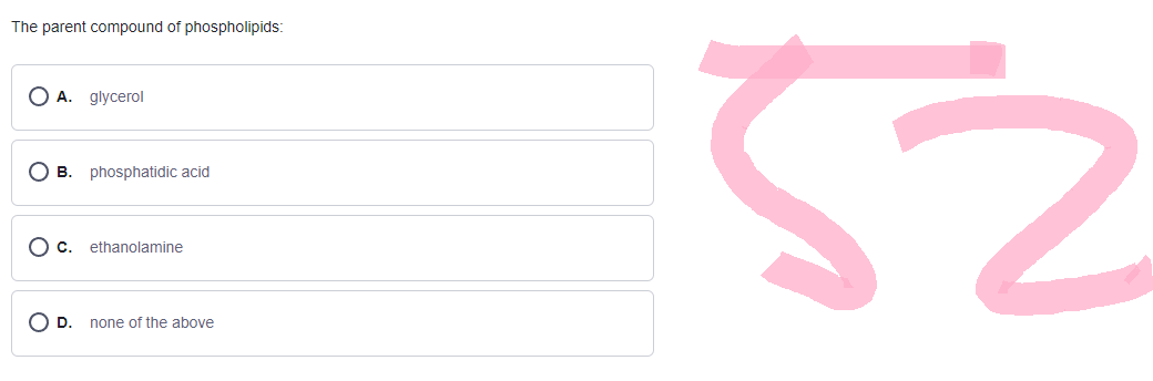 The parent compound of phospholipids:
O A. glycerol
O B. phosphatidic acid
O c. ethanolamine
O D.
none of the above
52