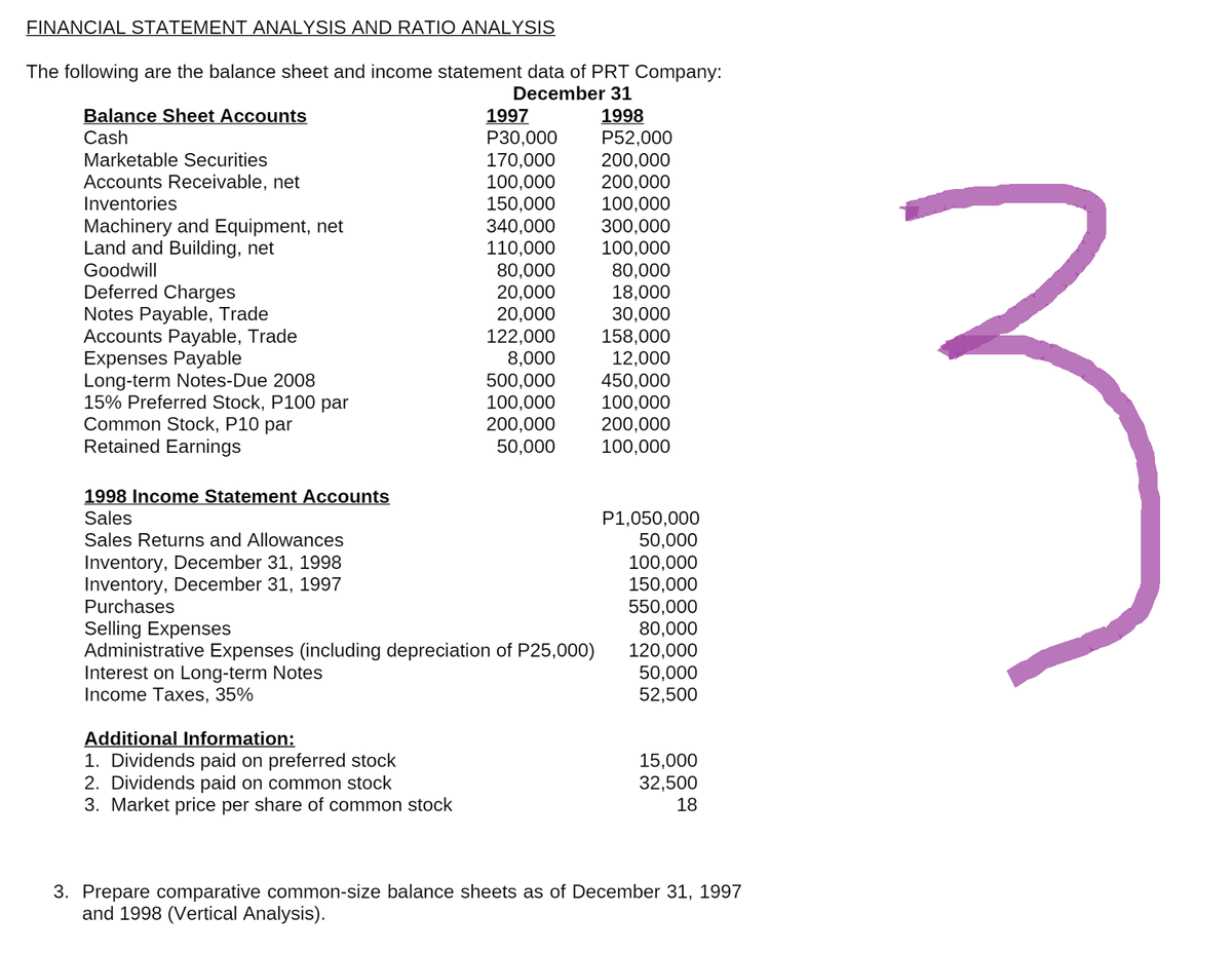 FINANCIAL STATEMENT ANALYSIS AND RATIO ANALYSIS
The following are the balance sheet and income statement data of PRT Company:
December 31
1997
1998
Balance Sheet Accounts
Cash
P30,000
P52,000
Marketable Securities
170,000
200,000
200,000
100,000
Accounts Receivable, net
Inventories
150,000
100,000
Machinery and Equipment, net
340,000
300,000
110,000
Land and Building, net
Goodwill
80,000
Deferred Charges
20,000
100,000
80,000
18,000
30,000
158,000
12,000
Notes Payable, Trade
20,000
122,000
Accounts Payable, Trade
Expenses Payable
8,000
500,000
450,000
Long-term Notes-Due 2008
15% Preferred Stock, P100 par
100,000
100,000
Common Stock, P10 par
200,000
200,000
Retained Earnings
50,000
100,000
1998 Income Statement Accounts
Sales
P1,050,000
50,000
Sales Returns and Allowances
100,000
Inventory, December 31, 1998
Inventory, December 31, 1997
150,000
Purchases
550,000
Selling Expenses
80,000
Administrative Expenses (including depreciation of P25,000)
120,000
Interest on Long-term Notes
50,000
Income Taxes, 35%
52,500
Additional Information:
1. Dividends paid on preferred stock
2. Dividends paid on common stock
15,000
32,500
18
3. Market price per share of common stock
3. Prepare comparative common-size balance sheets as of December 31, 1997
and 1998 (Vertical Analysis).
r