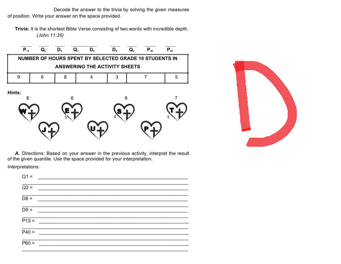 Decode the answer to the trivia by solving the given measures
of position. Write your answer on the space provided.
Trivia: It is the shortest Bible Verse consisting of two words with incredible depth.
(John 11:35)
Q₁ D₂
D₁
Q₂
P40
P10
P₁5 Q₂ D₂
NUMBER OF HOURS SPENT BY SELECTED GRADE 10 STUDENTS IN
ANSWERING THE ACTIVITY SHEETS
9
6
8
4
3
7
5
Hints:
8
6
9
A. Directions: Based on your answer in the previous activity, interpret the result
of the given quantile. Use the space provided for your interpretation.
Interpretations:
Q1 =
Q2 =
D8=
D9 =
P15 =
P40 =
P60 =
D