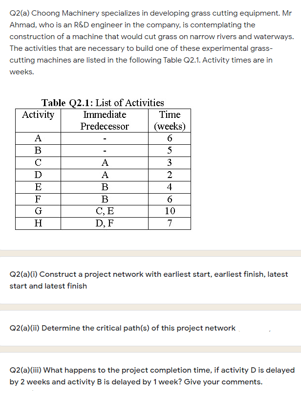 Q2(a) Choong Machinery specializes in developing grass cutting equipment. Mr
Ahmad, who is an R&D engineer in the company, is contemplating the
construction of a machine that would cut grass on narrow rivers and waterways.
The activities that are necessary to build one of these experimental grass-
cutting machines are listed in the following Table Q2.1. Activity times are in
weeks.
Table Q2.1: List of Activities
Immediate
Activity
Time
Predecessor
(weeks)
A
6
В
5
C
A
3
D
A
2
E
В
4
F
В
6.
С, Е
D, F
G
10
H
7
Q2(a)(i) Construct a project network with earliest start, earliest finish, latest
start and latest finish
Q2(a)(ii) Determine the critical path(s) of this project network
Q2(a)(iii) What happens to the project completion time, if activity D is delayed
by 2 weeks and activity B is delayed by 1 week? Give your comments.

