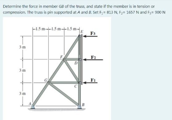 Determine the force in member GB of the truss, and state if the member is in tension or
compression. The truss is pin supported at A and B. Set F; = 813 N, F2= 1657 N and F3= 900 N
|-1.5 m--1.5 m--1.5 m-
F3
3 m
F
F2
D
3 m
3 m
