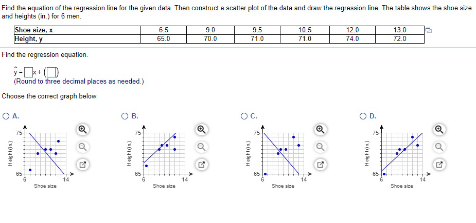 Find the equation of the regression line for the given data. Then construct a scatter plot of the data and draw the regression line. The table shows the shoe size
and heights (in.) for 6 men.
Shoe size, x
Height, y
9.0
70.0
9.5
71.0
6.5
10.5
12.0
13.0
65.0
71.0
74.0
72.0
Find the regression equation.
ý =x+ (O
(Round to three decimal places as needed.)
Choose the correct graph below.
O A.
ОВ.
OC.
OD.
75-
75-
75-
75-
65
65fe
6.
Shoe size
65-
14
14
Shoe size
Shoe size
Shoe size
