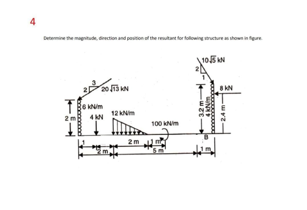 4
Determine the magnitude, direction and position of the resultant for following structure as shown in figure.
105 kN
2
2
20 13 kN
8 kN
6 kN/m
12 kN/m
2 m
4 kN
100 kN/m
B
2m m
2 m
5 m
3.2 m-
4 kN/m
