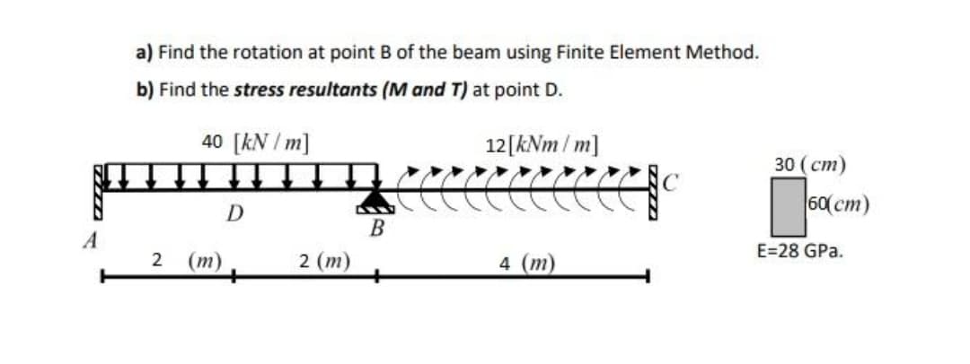 a) Find the rotation at point B of the beam using Finite Element Method.
b) Find the stress resultants (M and T) at point D.
40 [kN / m]
12[kNm / m]
30 (ст)
60(cm)
B
E=28 GPa.
2 (т)
+
4 (m)
2
(т)
+
