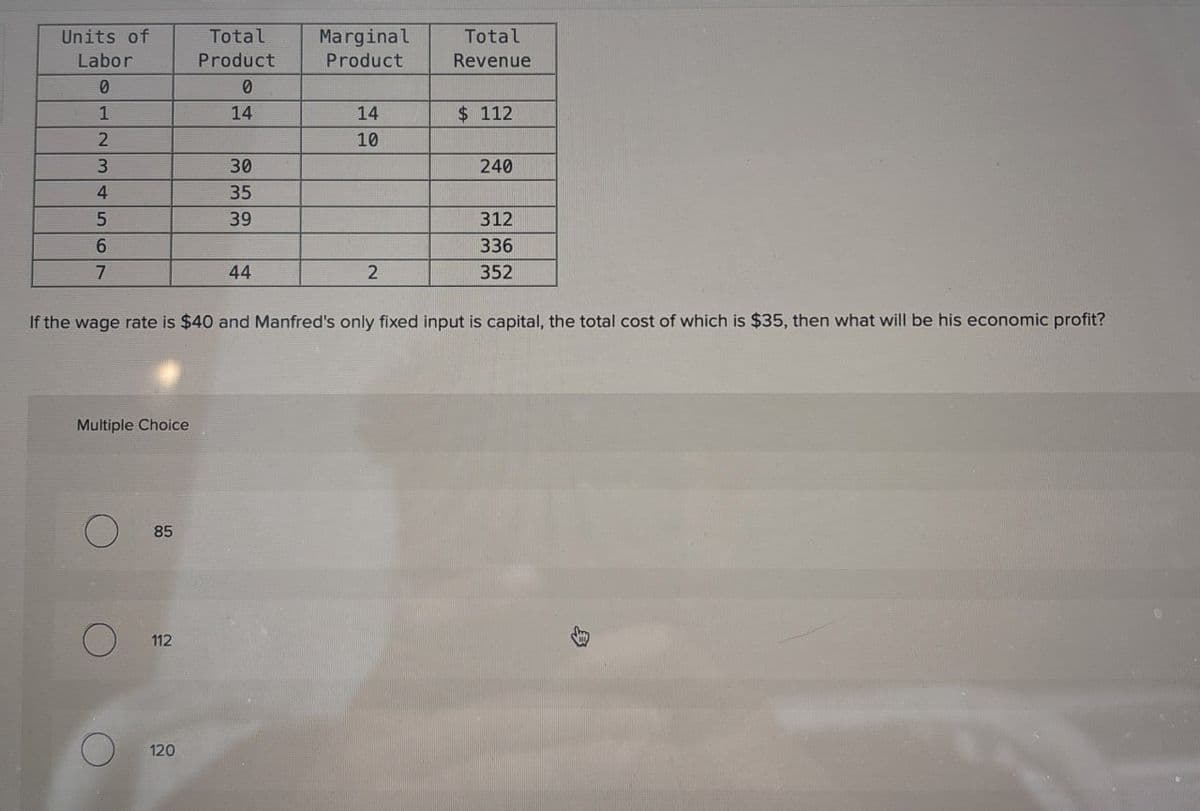 Units of
Labor
Total
Product
Marginal
Product
Total
Revenue
0
0
1
14
14
$ 112
2
10
3
30
240
4
35
5
39
6
7
44
312
336
2
352
If the wage rate is $40 and Manfred's only fixed input is capital, the total cost of which is $35, then what will be his economic profit?
Multiple Choice
О
85
О
O
12
112
120