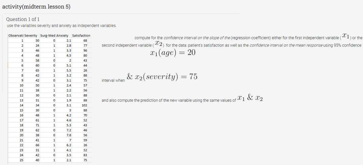 activity(midterm lesson 5)
Question 1 of 1
use the variables severity and anxiety as independent variables.
Observati Severity Surg-Med Anxiety Satisfaction
compute for the confidence interval on the slope of the (regression coefficient) either for the first independent variable ( l) or the
1
50
2.1
68
second independent variable (2) for the data: patient's satisfaction as well as the confidence interval on the mean response using 95% confidence
2
24
1
2.8
77
X1(age) = 20
3
46
1
3.3
96
4
48
1
4.5
80
5
58
2
43
6
60
5.1
44
7
65
1
5.5
26
& x2(severity)
= 75
8
42
1.
3.2
88
9
42
3.1
75
interval when
10
50
1.
2.4
57
11
38
1
2.2
56
&
12
30
2.1
88
and also compute the prediction of the new variable using the same values of l1 l2
13
31
1.9
88
14
34
3.1
102
15
30
3
88
16
48
1.
4.2
70
17
61
1
4.6
52
18
71
1
5.3
43
19
62
7.2
46
20
38
7.8
56
21
41
1
7
59
22
66
1
6.2
26
23
31
1
4.1
52
24
42
3.5
83
25
40
1
2.1
75
