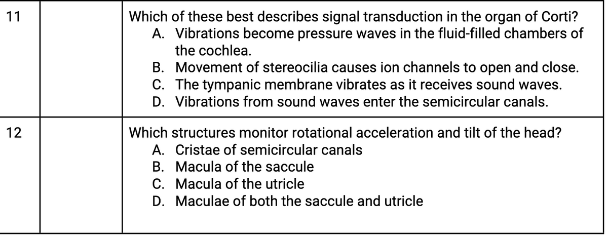11
12
Which of these best describes signal transduction in the organ of Corti?
A. Vibrations become pressure waves in the fluid-filled chambers of
the cochlea.
B. Movement of stereocilia causes ion channels to open and close.
C. The tympanic membrane vibrates as it receives sound waves.
D. Vibrations from sound waves enter the semicircular canals.
Which structures monitor rotational acceleration and tilt of the head?
A. Cristae of semicircular canals
B.
Macula of the saccule
C. Macula of the utricle
D.
Maculae of both the saccule and utricle